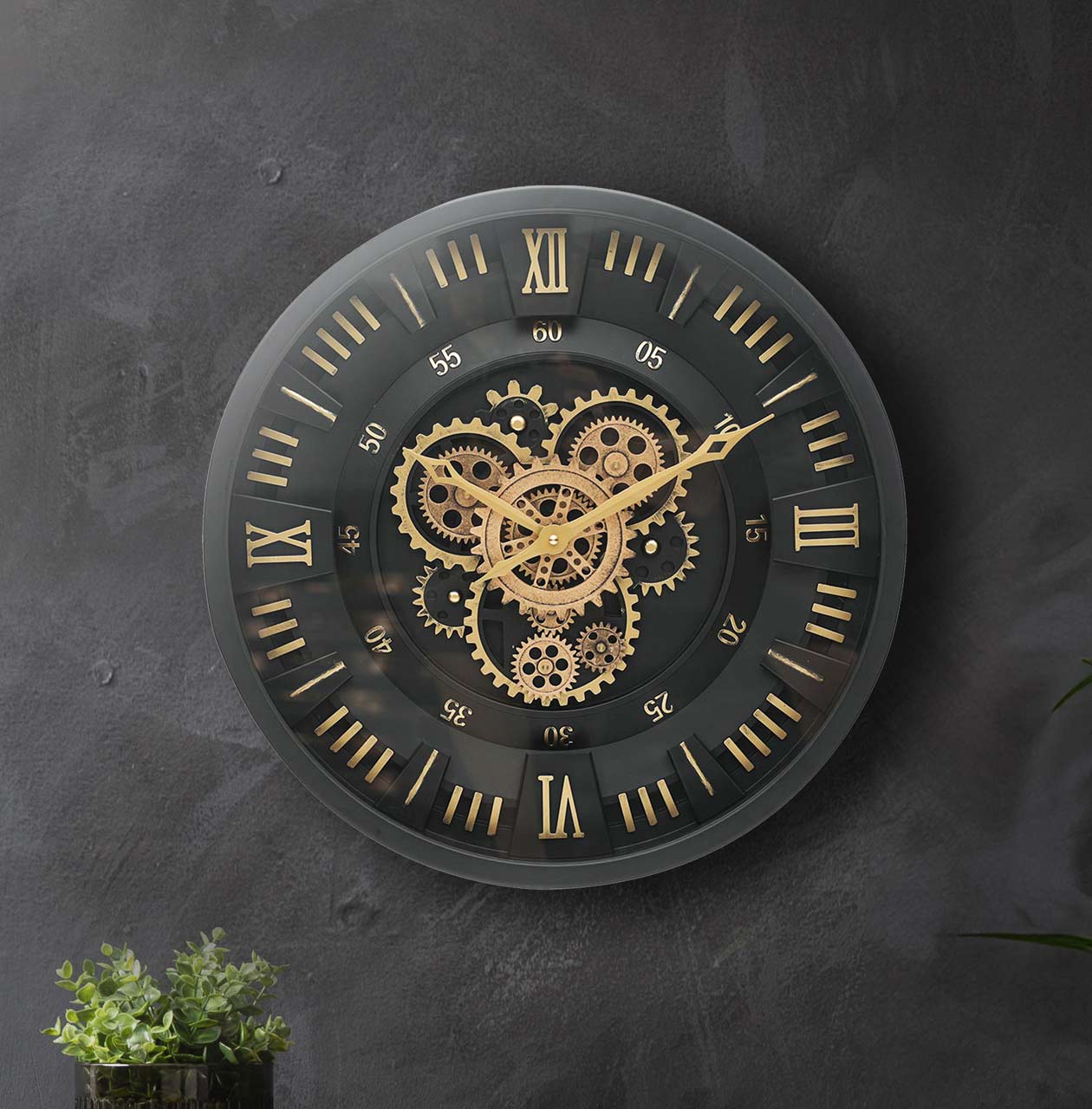 53.5cm Black Gears Wall Clock