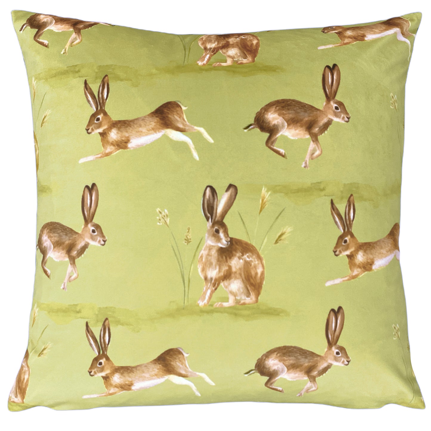 COUNTRY RUNNING HARES 43X43 FEATHER FILLED CUSHION SAGE