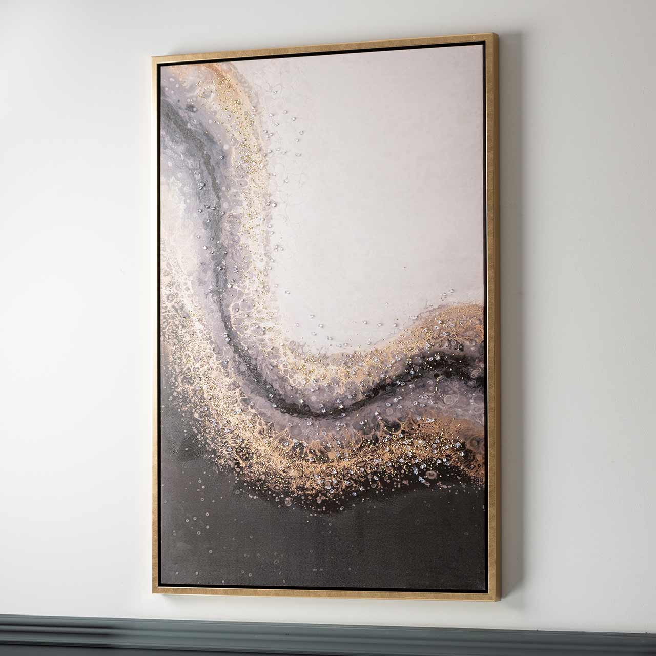 CP376 85x125 Framed Abstract Canvas Black Gold Crystal