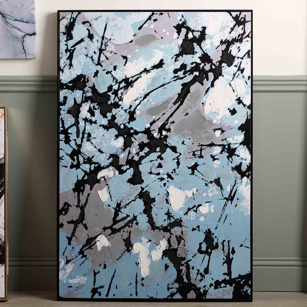 CP396 82x122 Framed Blue Black Grey Splash Abstract Canvas