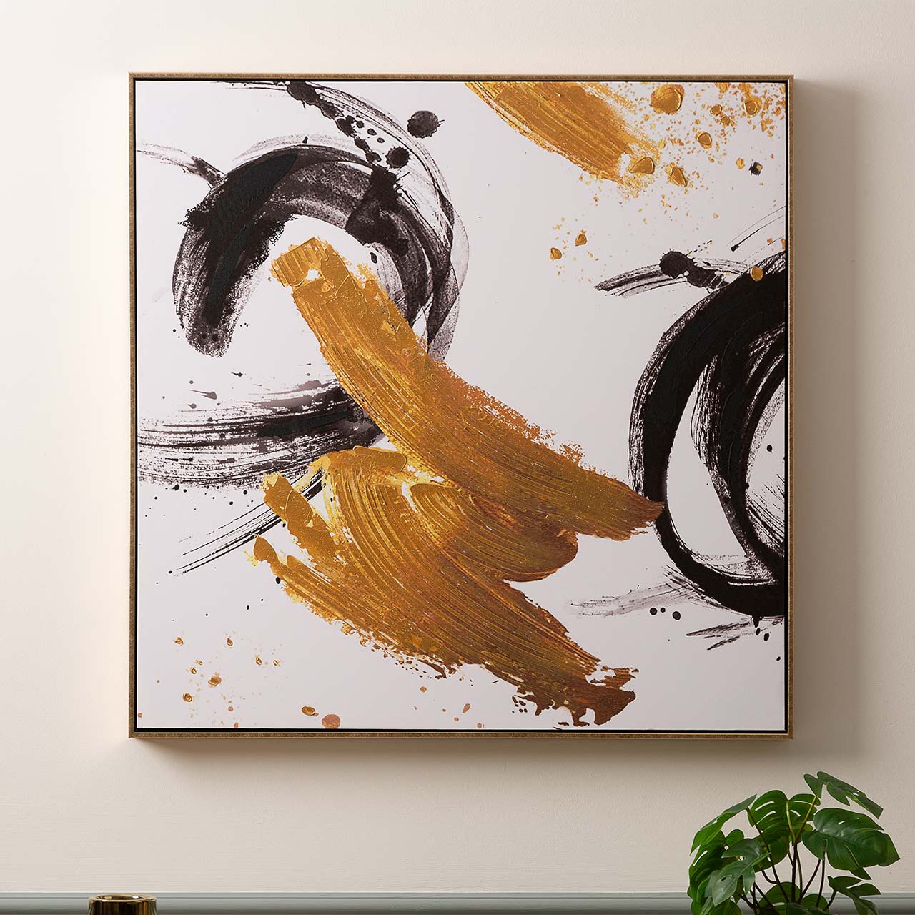 CP399 82x82 Framed White Gold Black Abstract Canvas