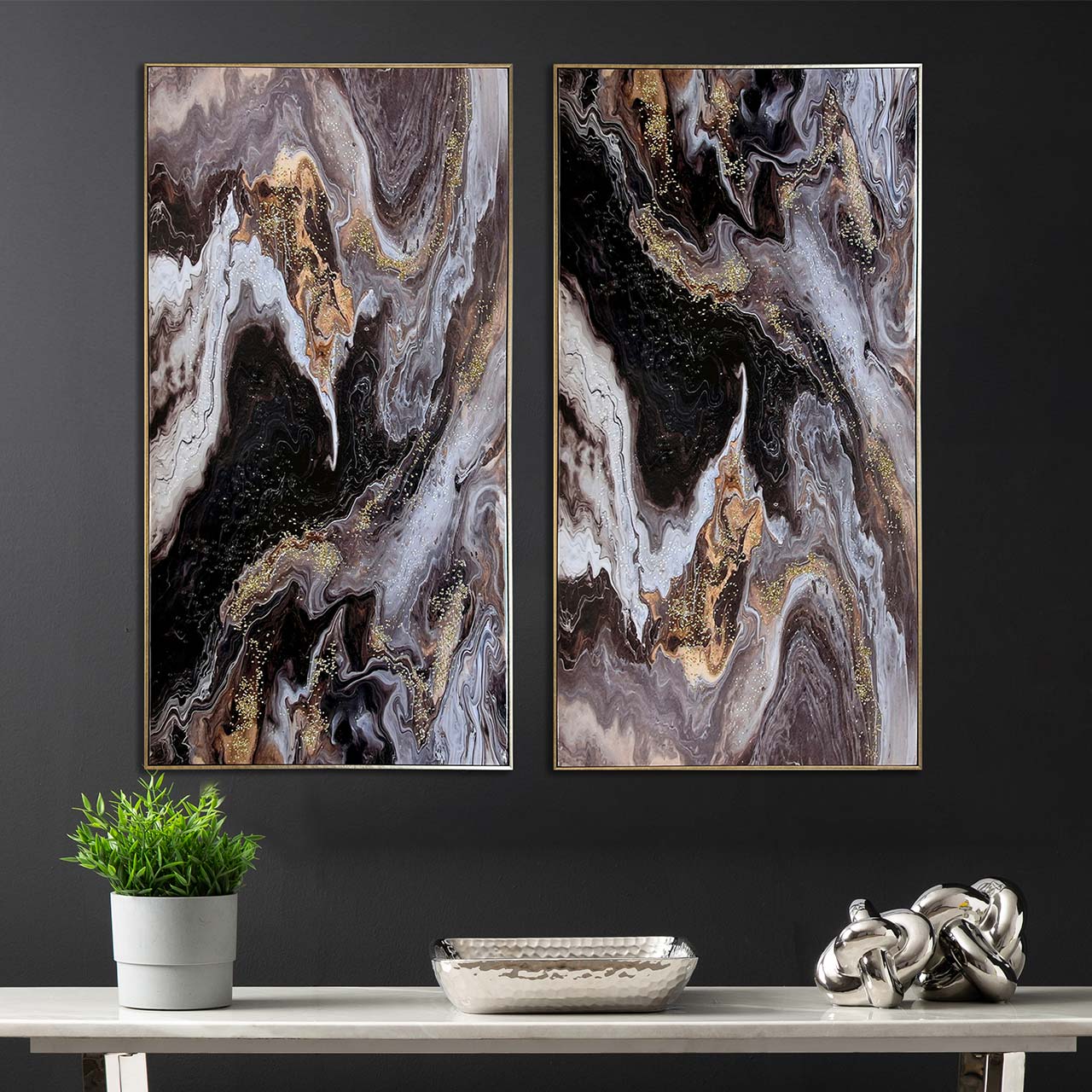 CP402 72x142 Framed Abstract Canvas Black Grey Gold