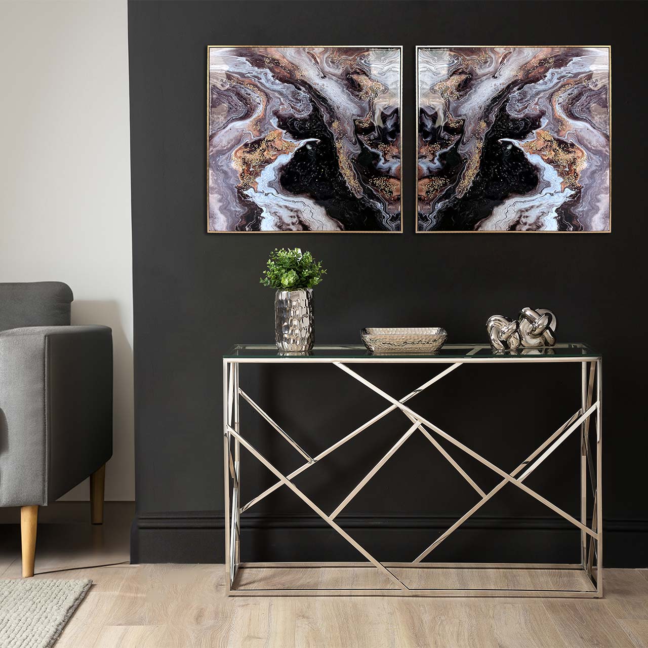 CP402 82x82 Framed Abstract Canvas Black Grey Gold