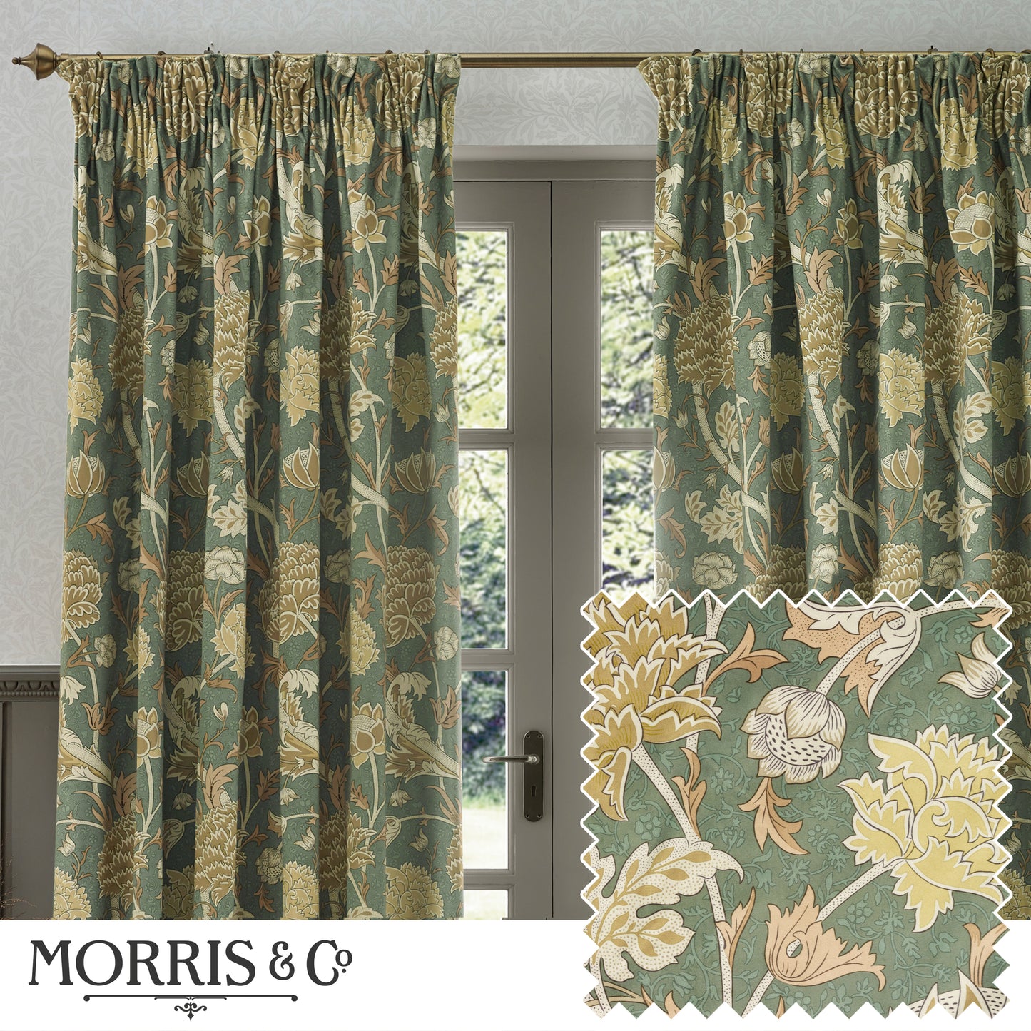 CRAY 167X228 PENCIL PLEAT CURTAINS SAGE/SUNFLOWER