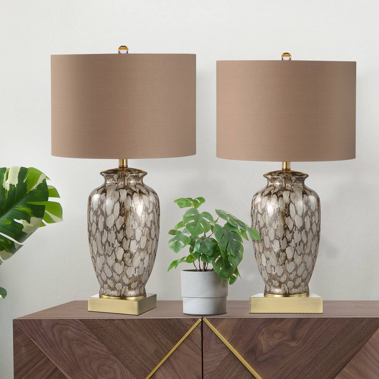 76.2cm Brown Patterned Ceramic Table Lamp w/ Gold Linen Shade-Gold Ins- E27