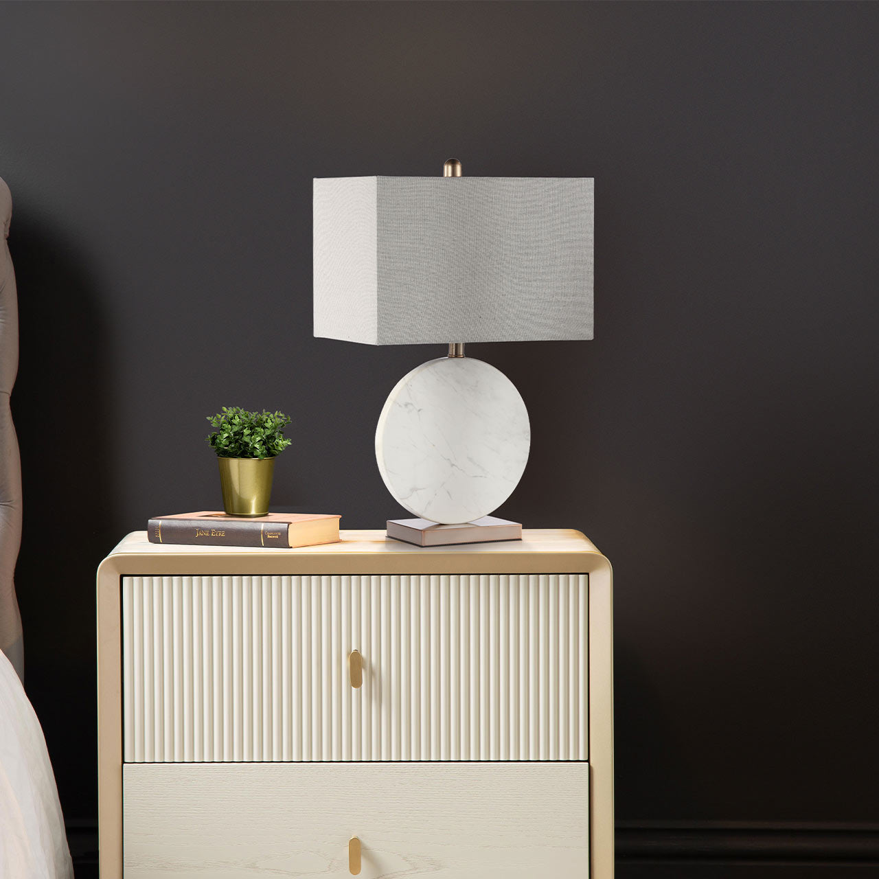 62cm White Marble Table Lamp with Grey Linen Shade - E27
