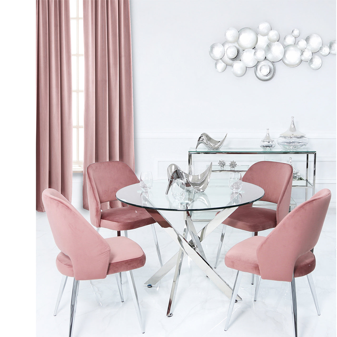 Nova 130cm Round Dining Table And 4 Blush Pink Velvet Chairs