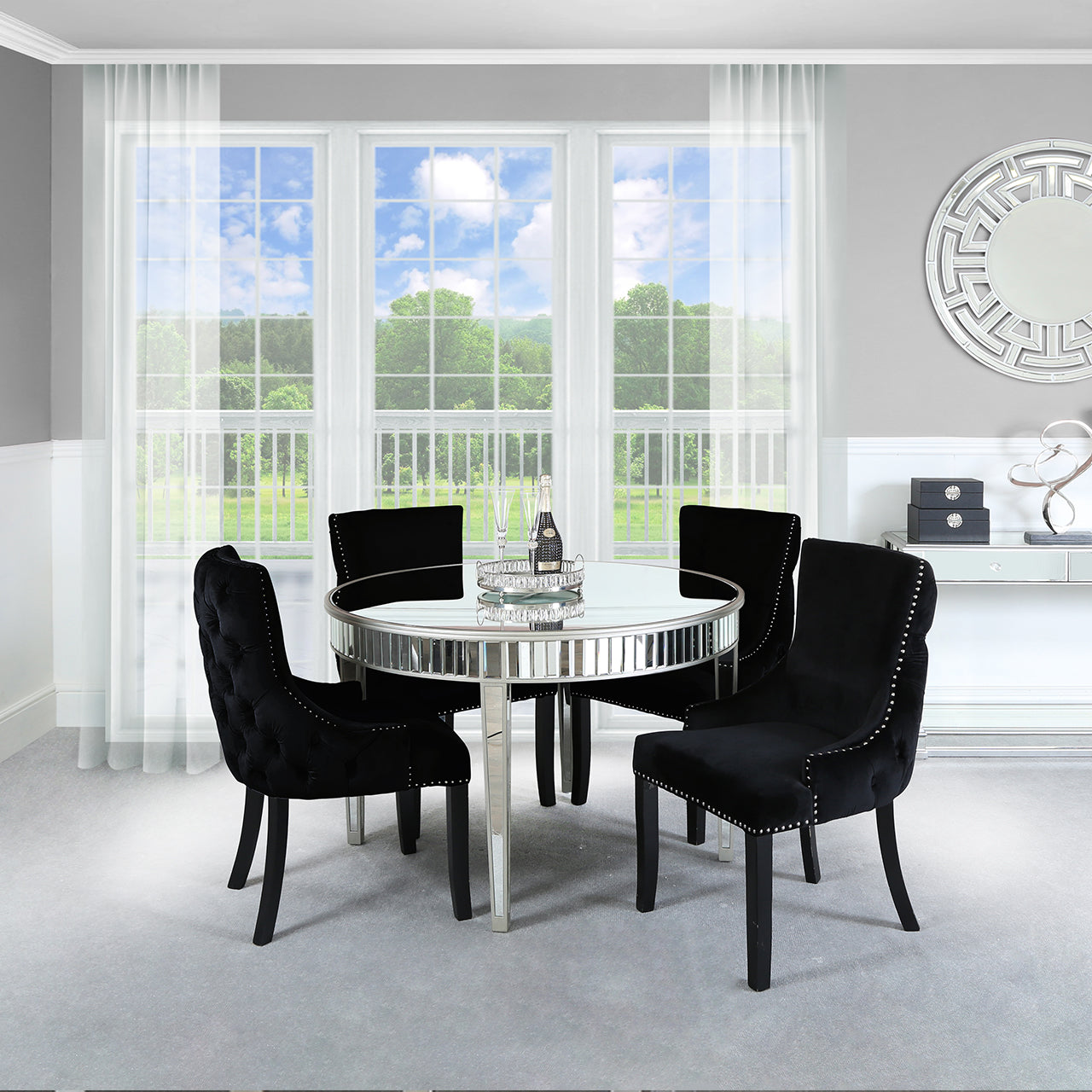 Apollo Silver Round Dining Tbl & 4 Black Tufted Chairs