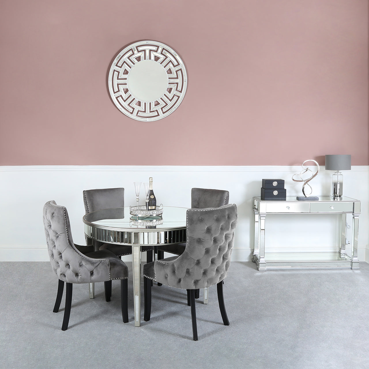 Apollo Silver Round Dining Tbl & 4 Grey Tufted Chairs