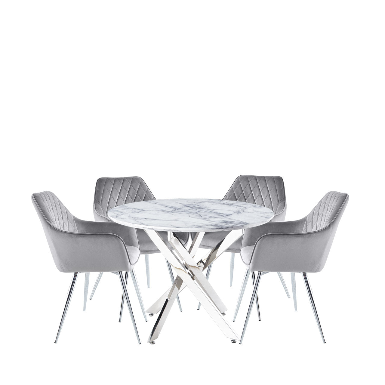 Nova 100cm White Marble & Chrome Dining Table 4 Quinn Grey Chrome Legs