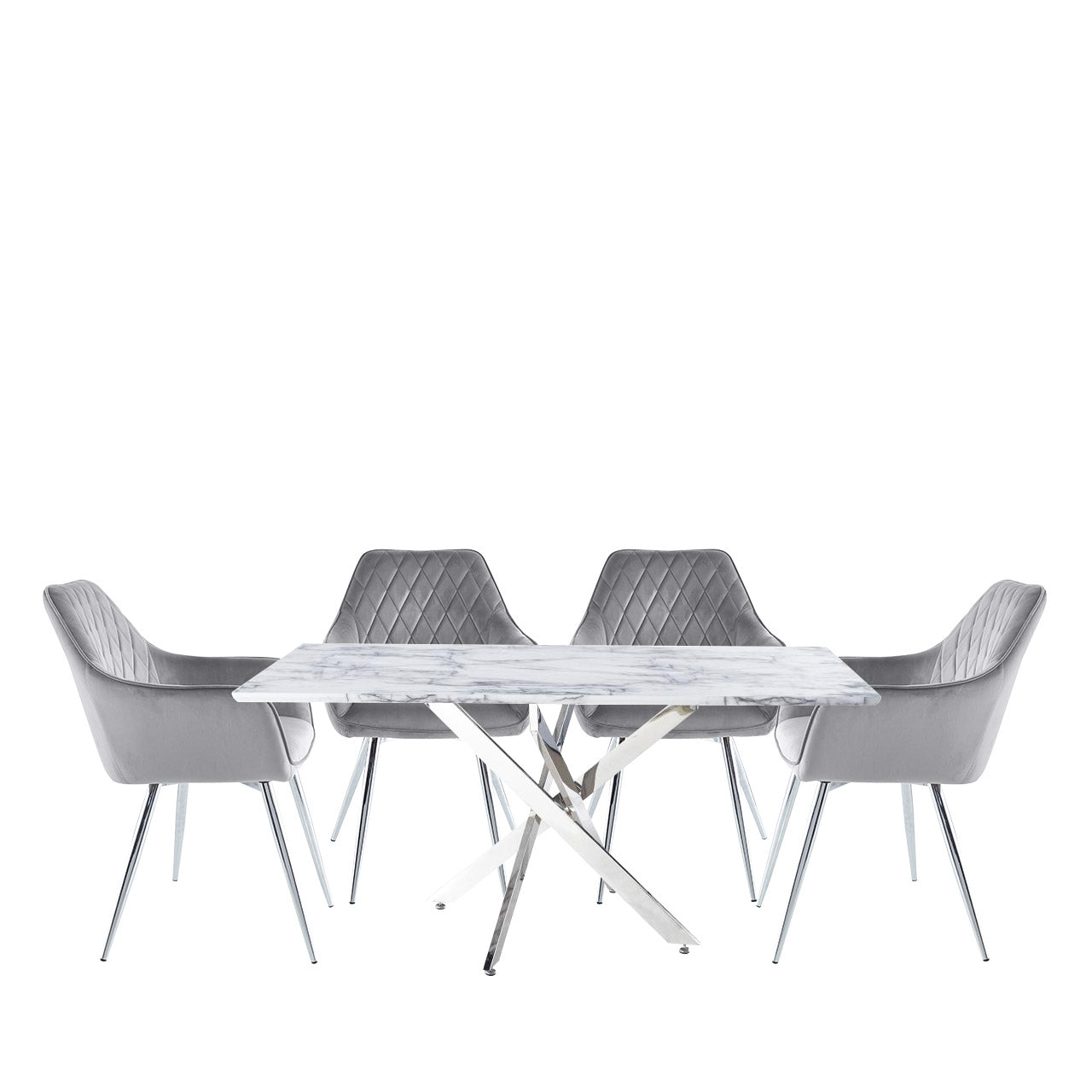 Nova 160cm White Marble & Chrome Dining Table 4 Quinn Grey Chrome Legs