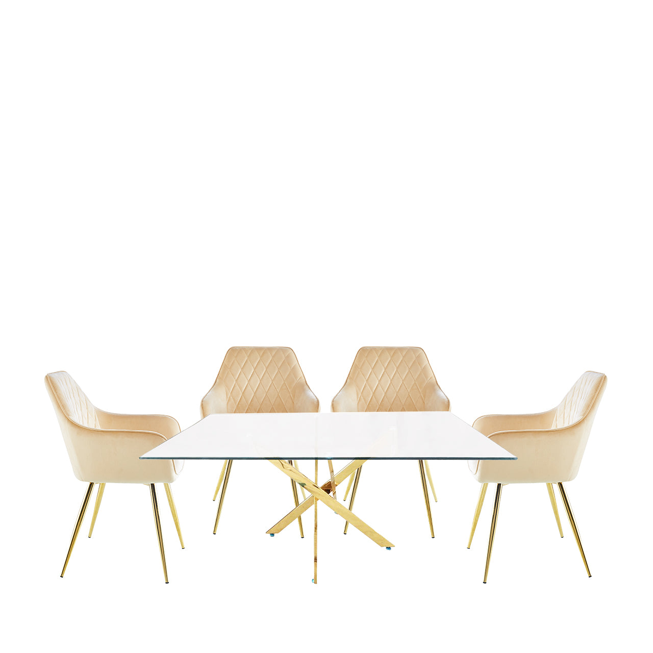 Nova Gold 160cm Rect Dining Table 4 Quinn Chairs Champagne Gold Legs
