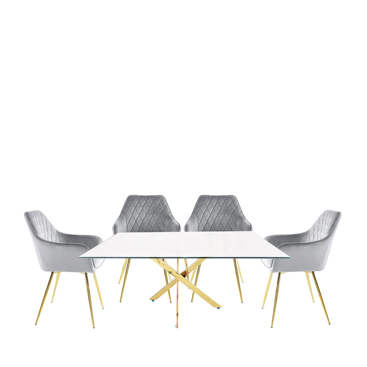 Nova Gold 160cm Rect Dining Table 4 Quinn Chairs Grey Gold Legs