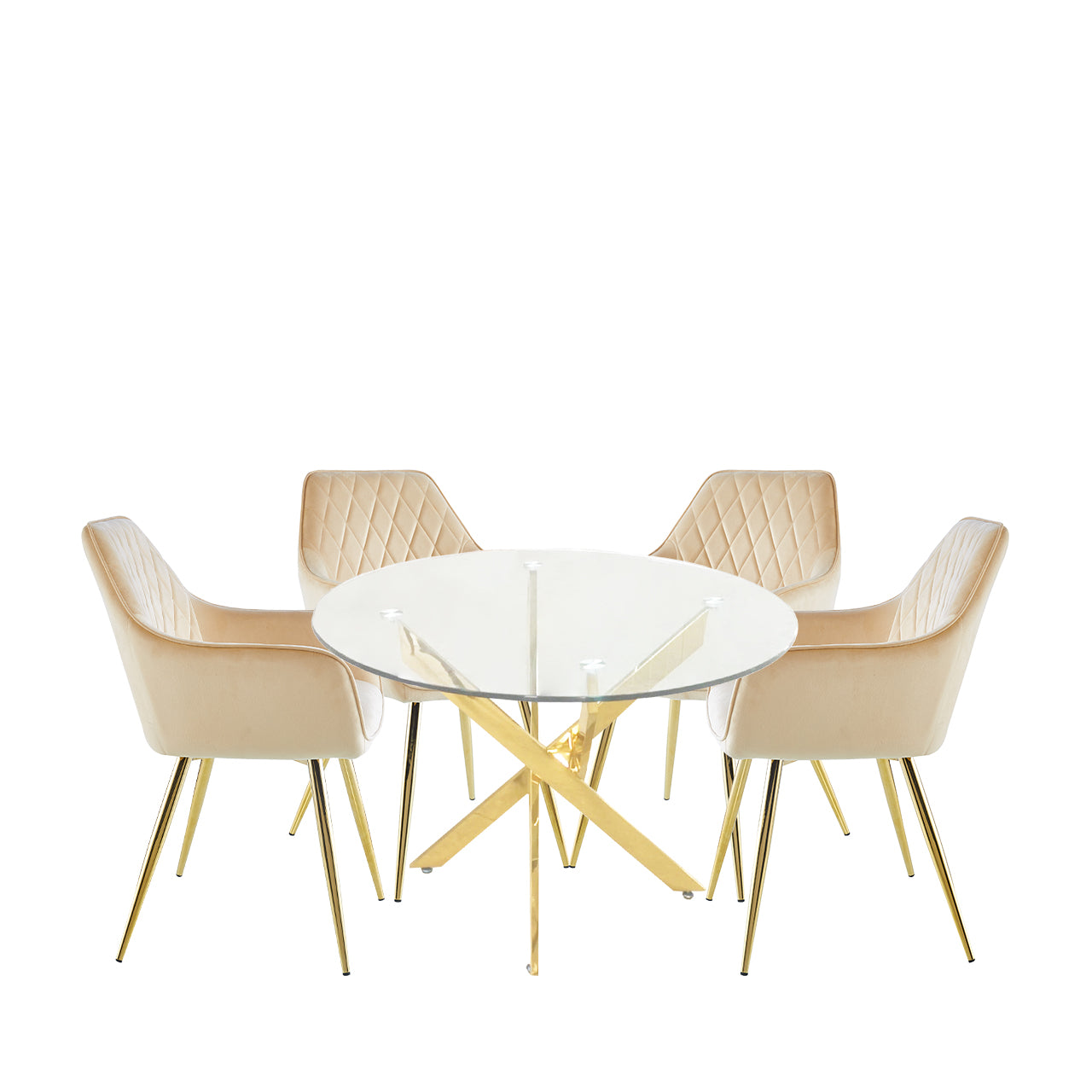 Nova Gold 100cm Rect Dining Table 4 Quinn Chairs Champagne Gold Legs