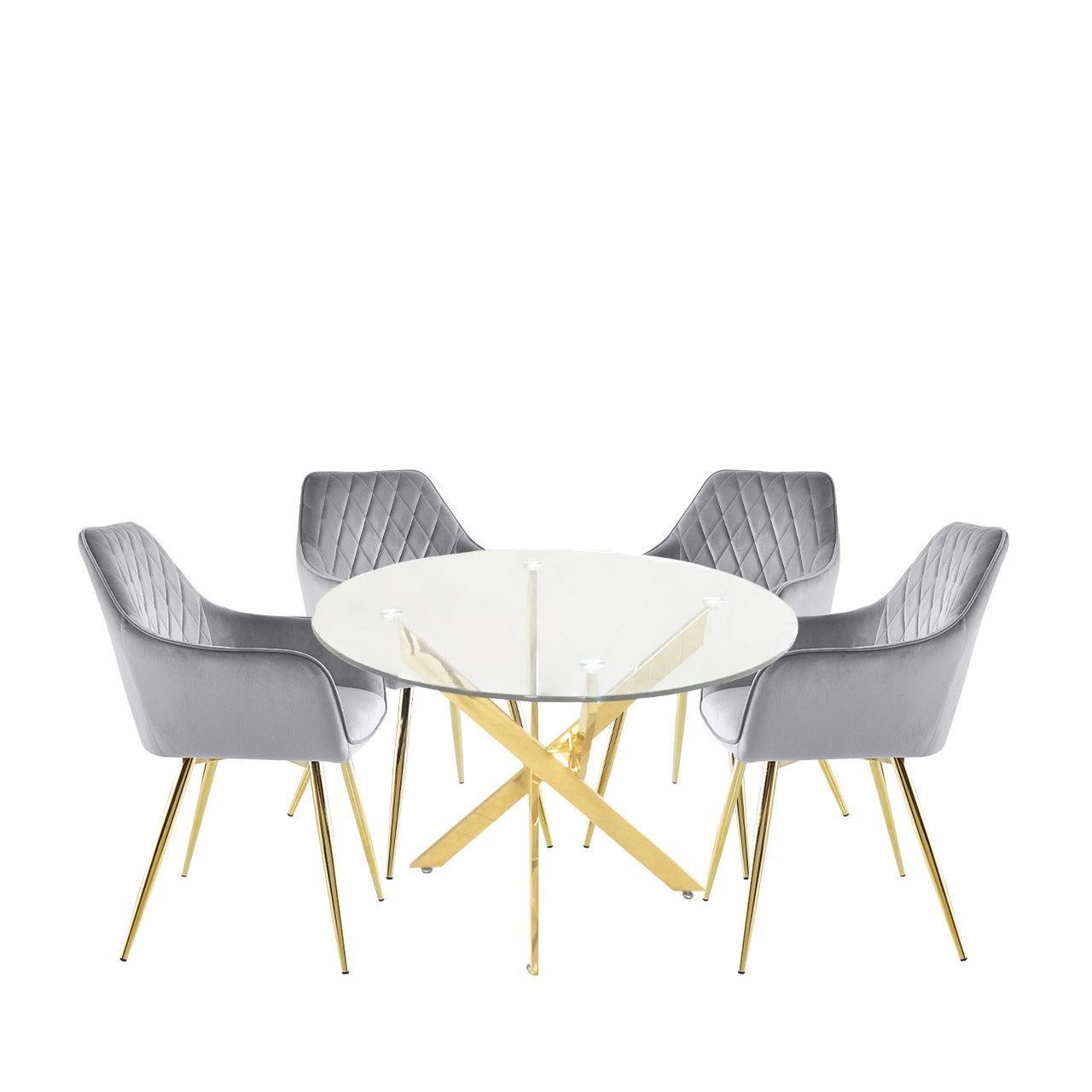 Nova Gold 100cm Rect Dining Table 4 Quinn Chairs Grey Gold Legs