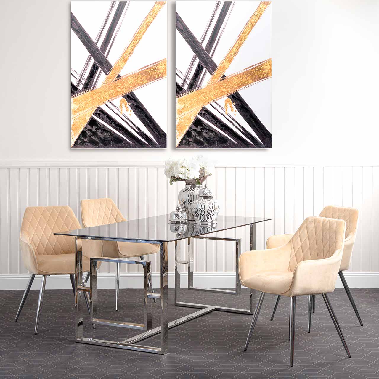 Apex Stainless Steel Dining Table Smoked & 4 Quinn Champagne Chairs