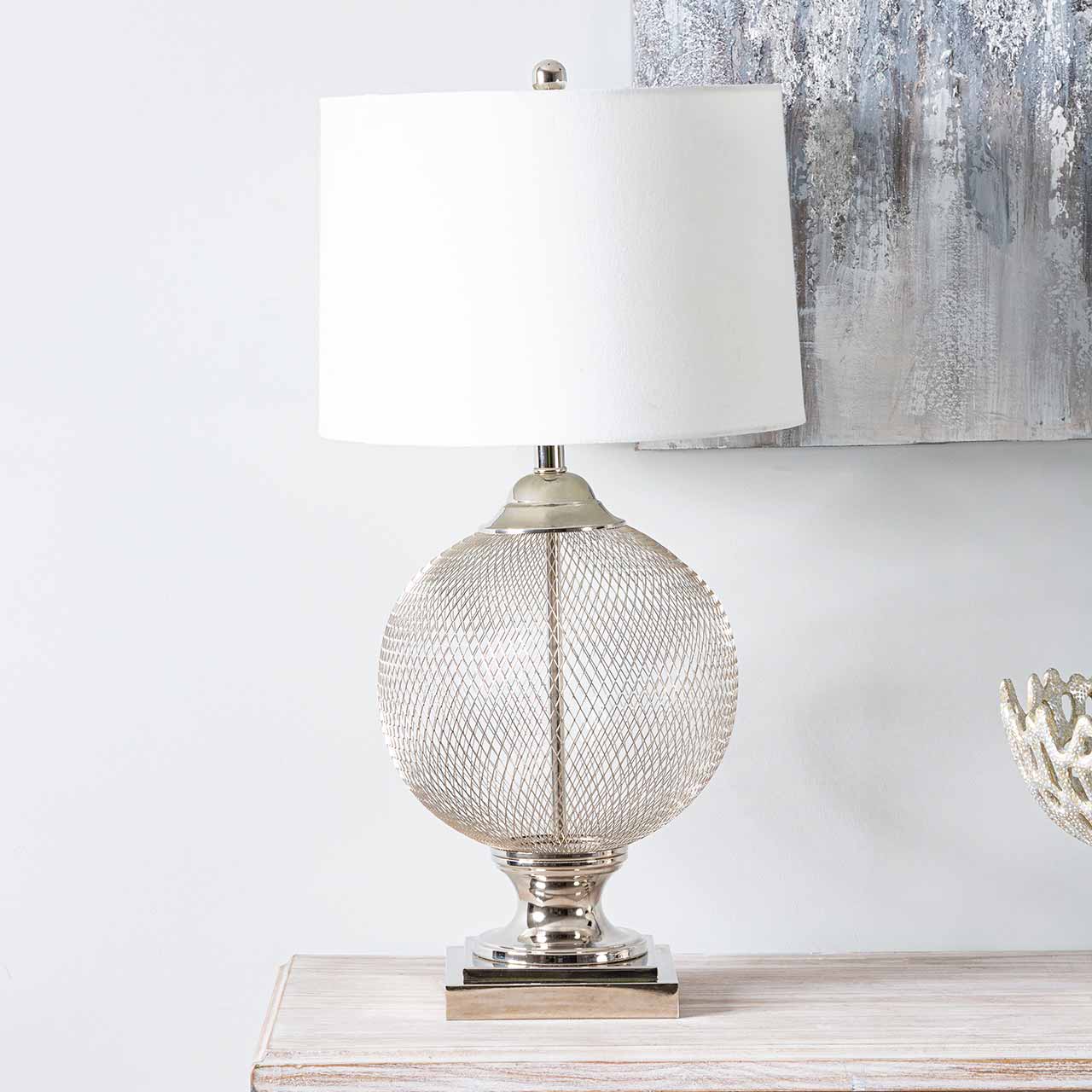 78cm Wire Mesh Table Lamp White Linen Shade - E27-Dual