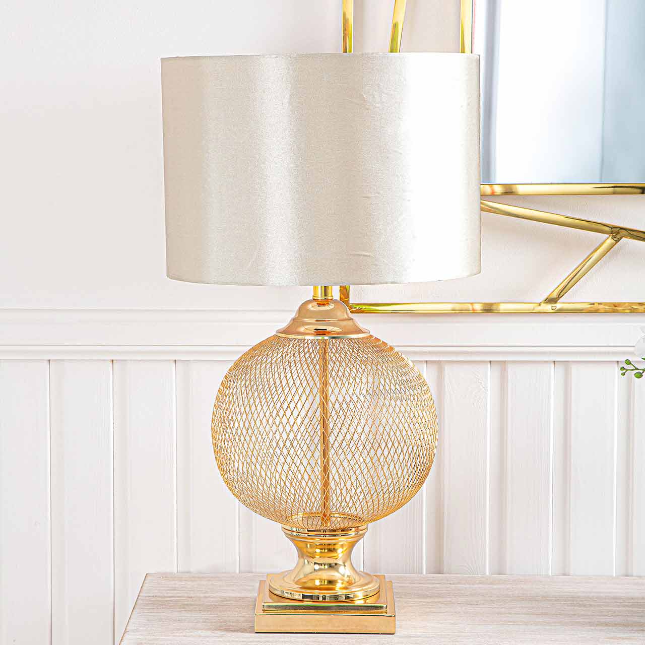 78cm Wire Mesh Table Lamp Champagne Satin Shade - E27-Dual
