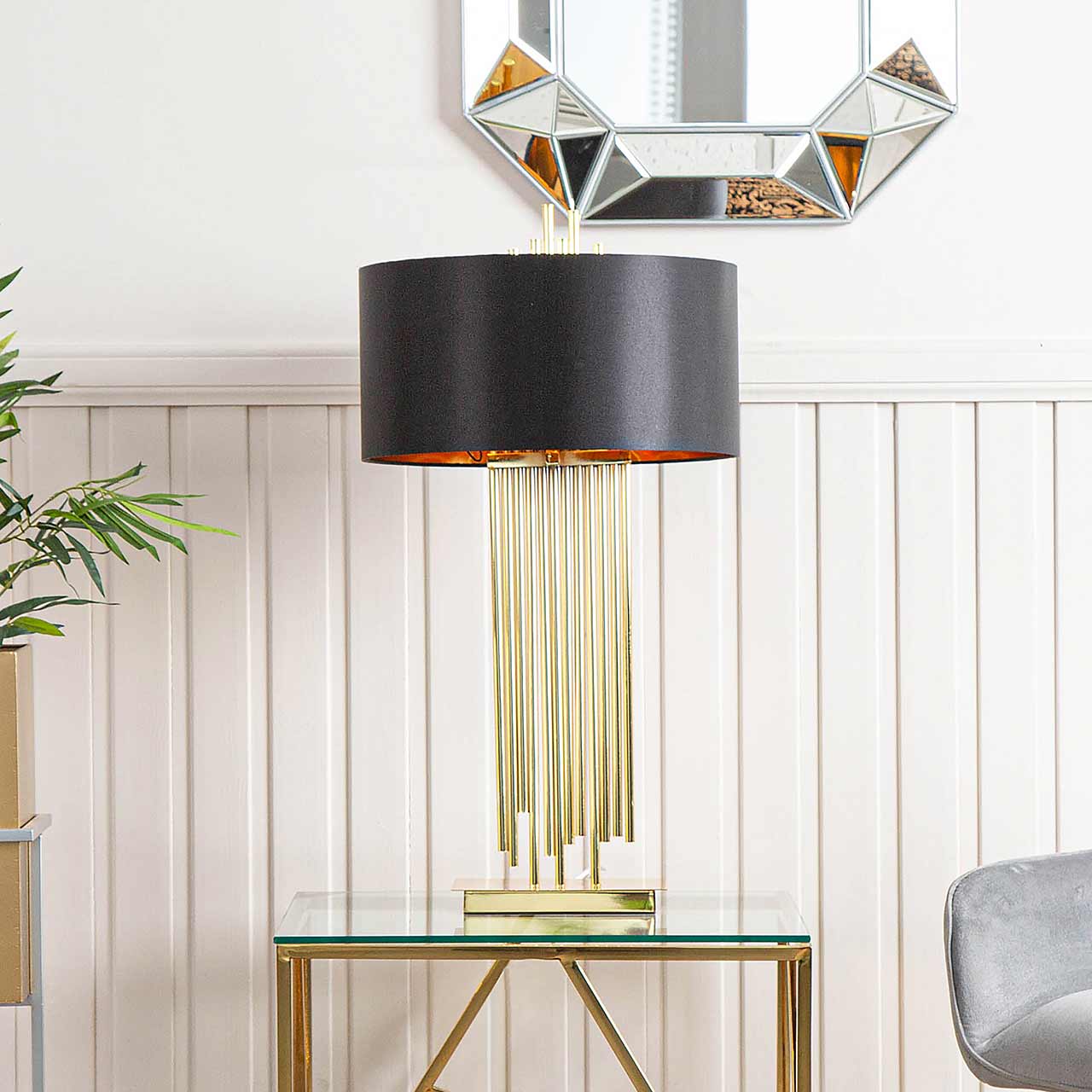77cm Gold Table Lamp 2T Black Fx Slk Gold Ins Shd-E27