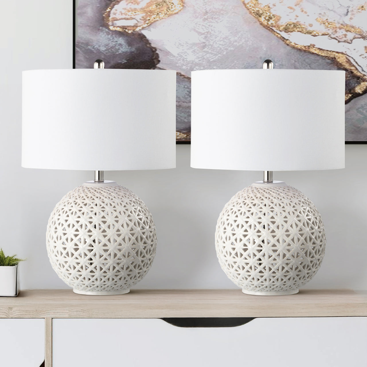 64.8cm White Patterned Ceramic Table Lamp with White Linen Shade-E27 Dual Plug