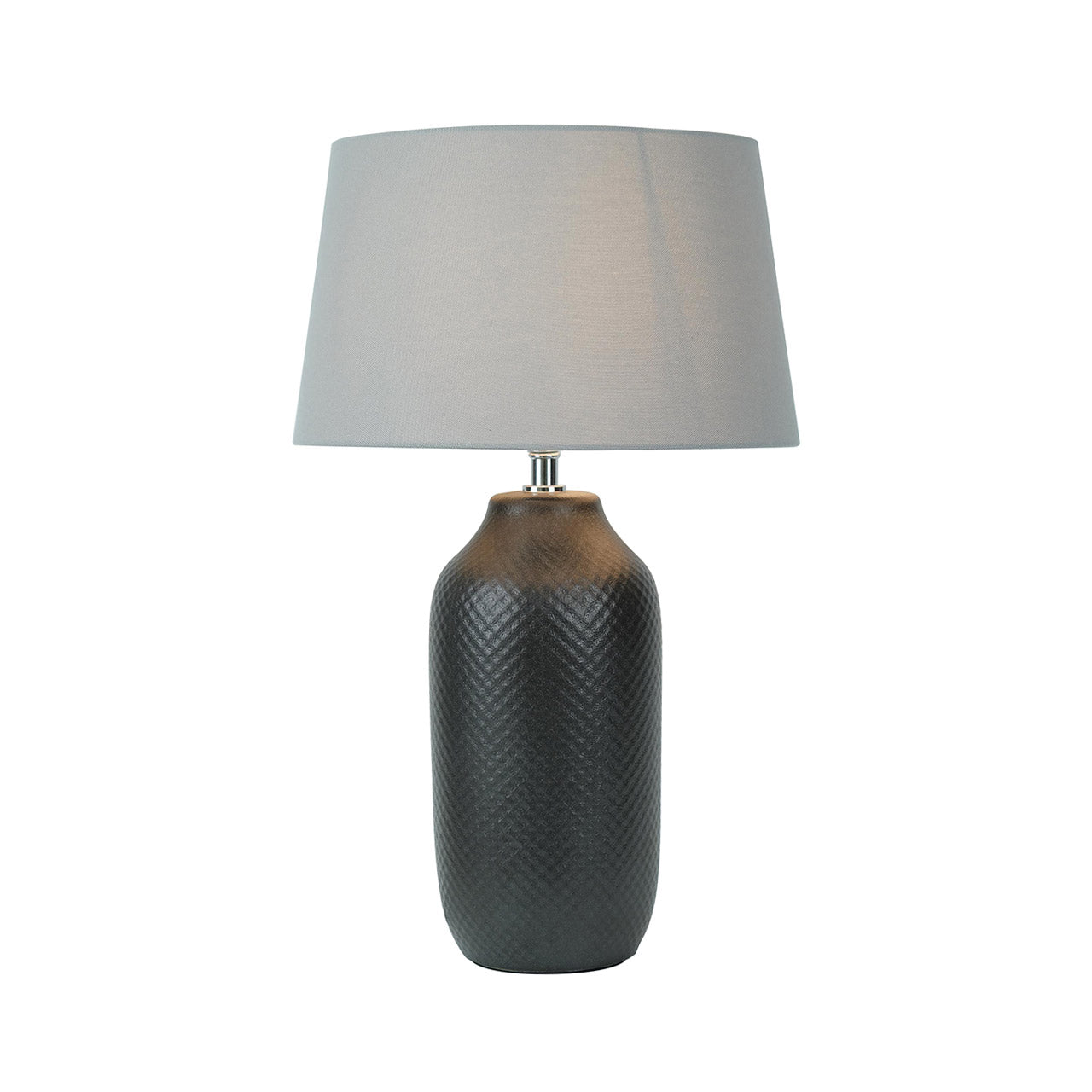 48cm Black Patterned Ceramic Table Lamp with Grey Linen Shade -E27 Dual Plug