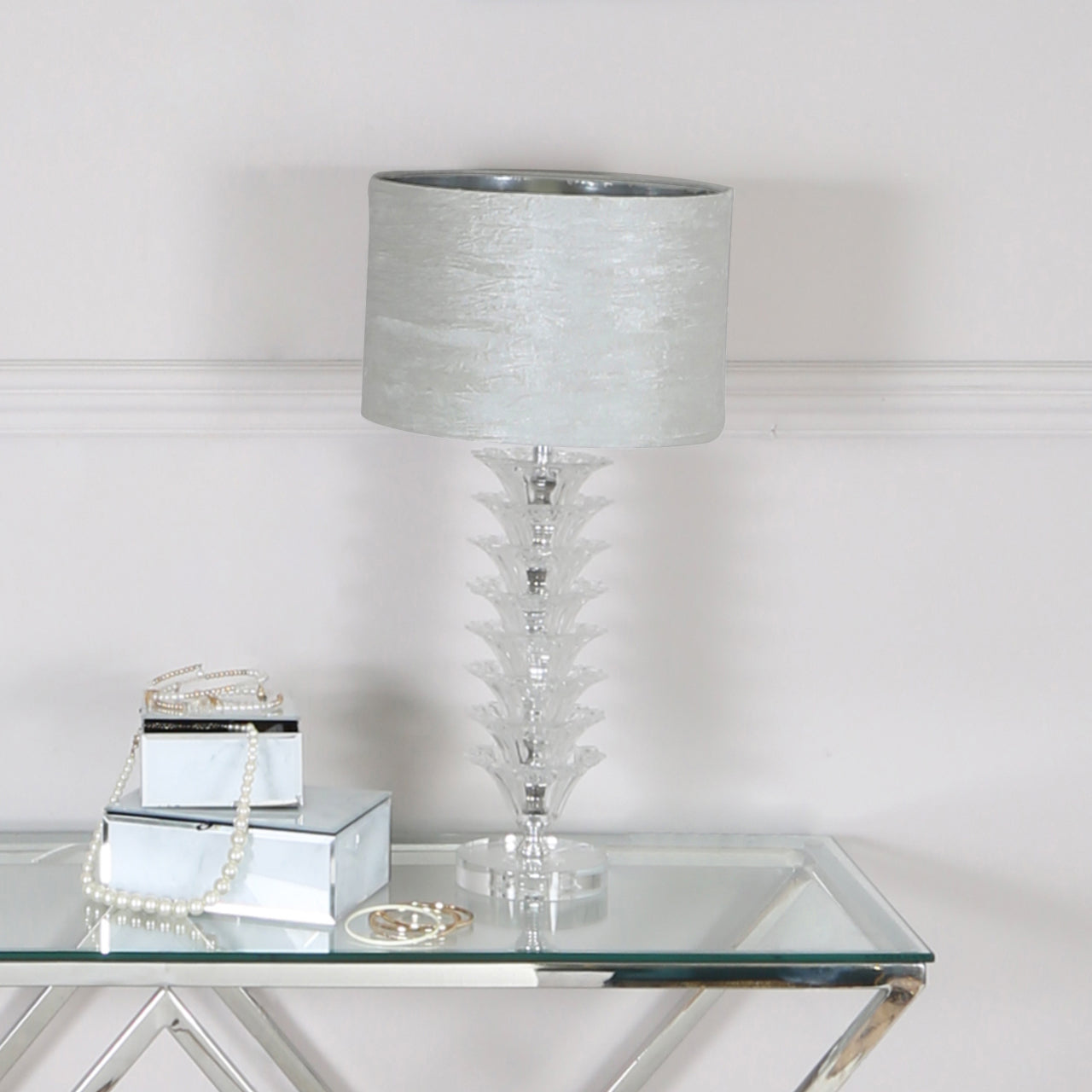 59cm Crystal Table Lamp With 2T White Velv Cyl Shade-E27-DP