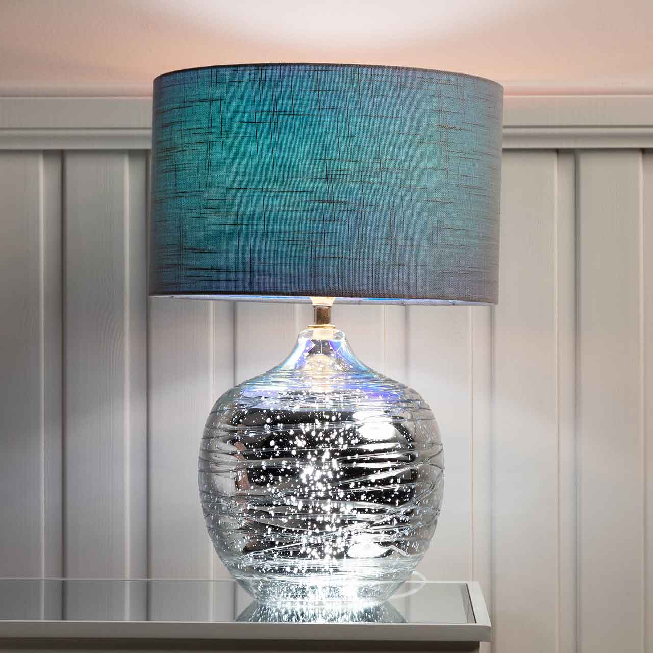 47cm Silver Glass Table Lamp with Grey Linen Shade-E14 x2