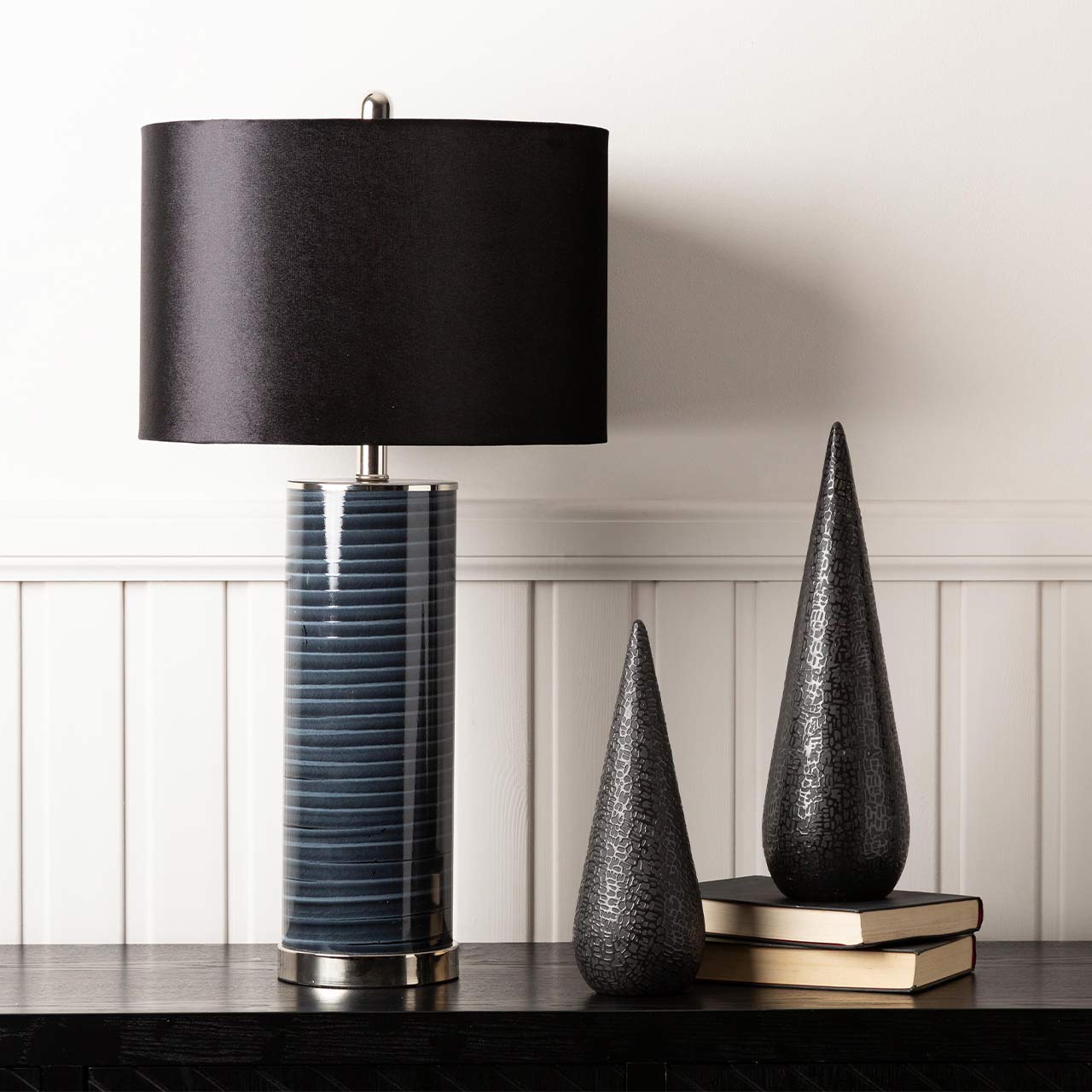 78cm Dark Blue Twist Table Lamp with Grey Linen Shade - E27 Dual Plug - w/ Crystal Finial