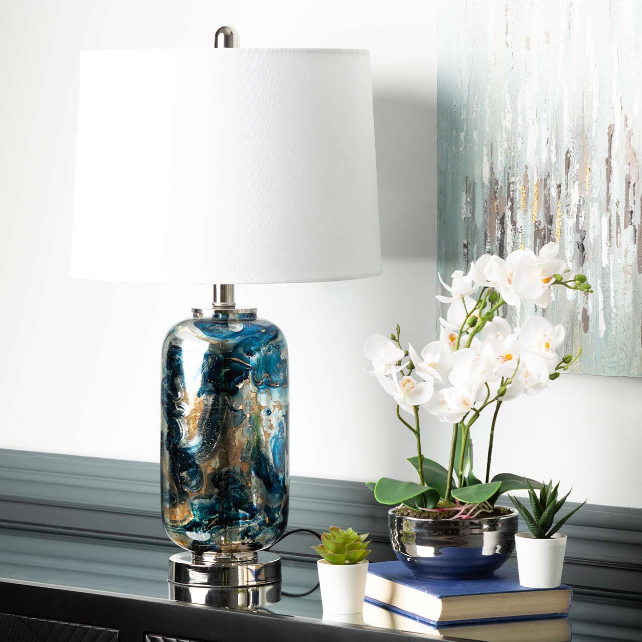 61.2cm Blue and Silver Glass Table Lamp with White Linen Shade - E27 Dual Plug