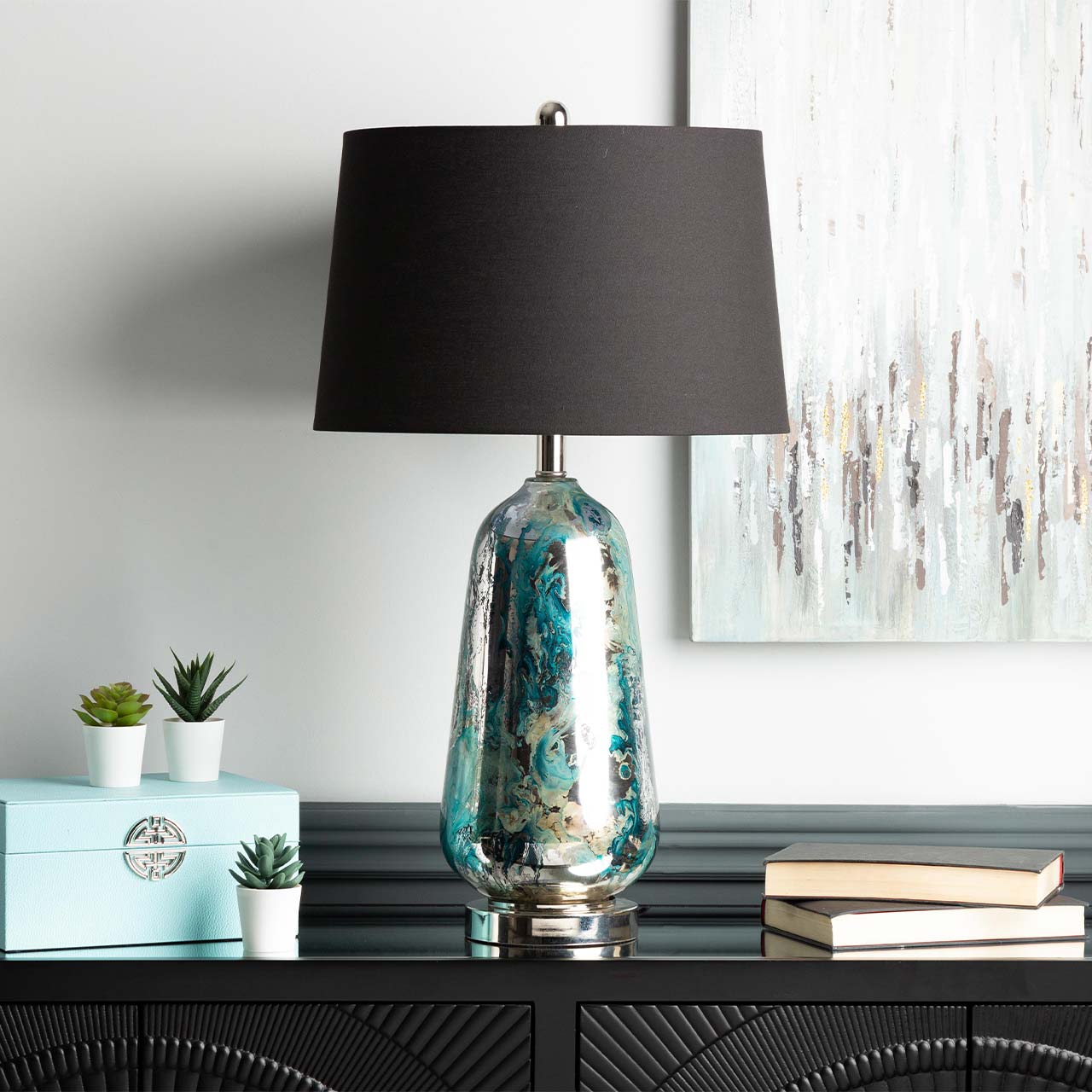 72.4cm Blue and Silver Glass Table Lamp with Black Linen Shade - E27 Dual Plug