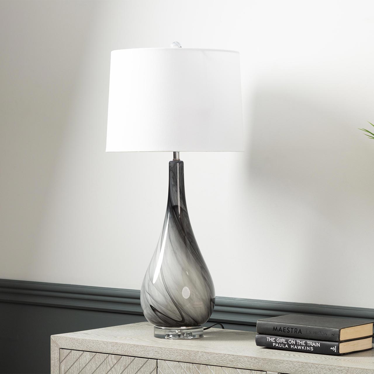 76cm Black and White Glass Table Lamp with White Linen Shade Crystal glass base - E27 Dual Plug