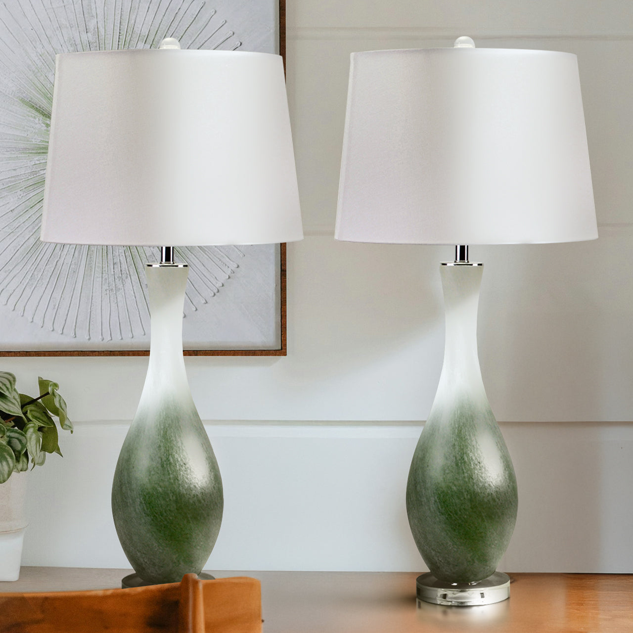 76cm Light Green & White Glass Table Lamp with White Linen Shade Crystal Glass base-E27 Dual Plug