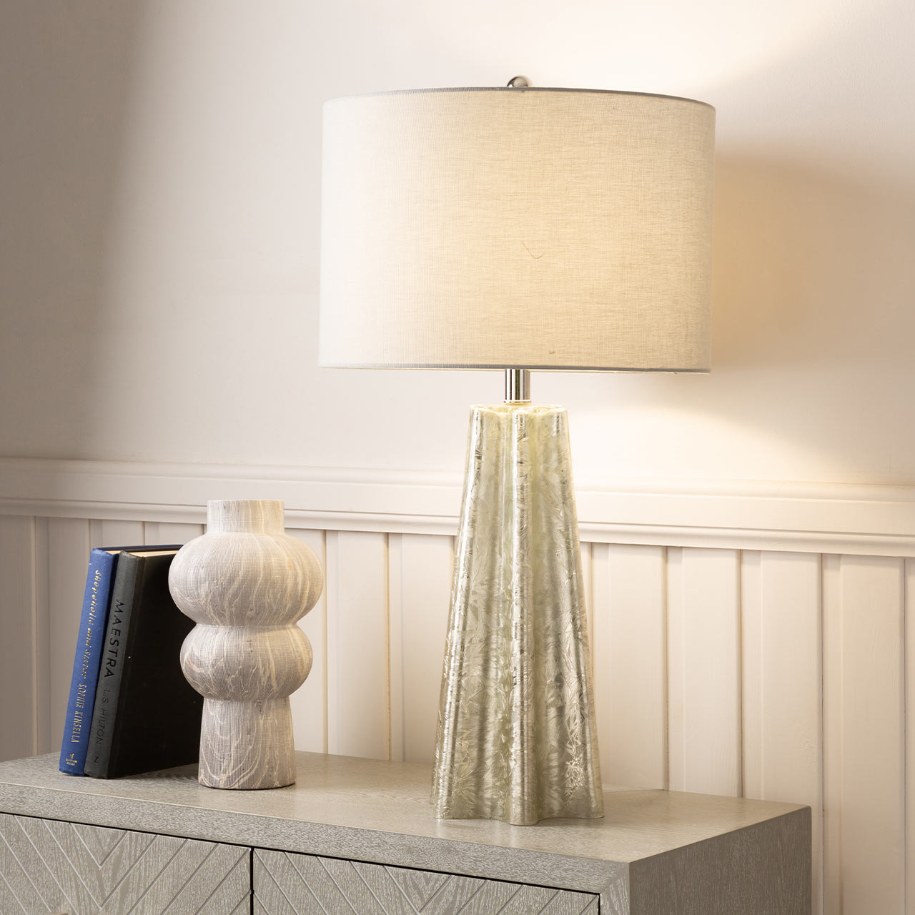 72cm Silver Glass Table Lamp with Grey Linen Shade - E27 Dual Plug