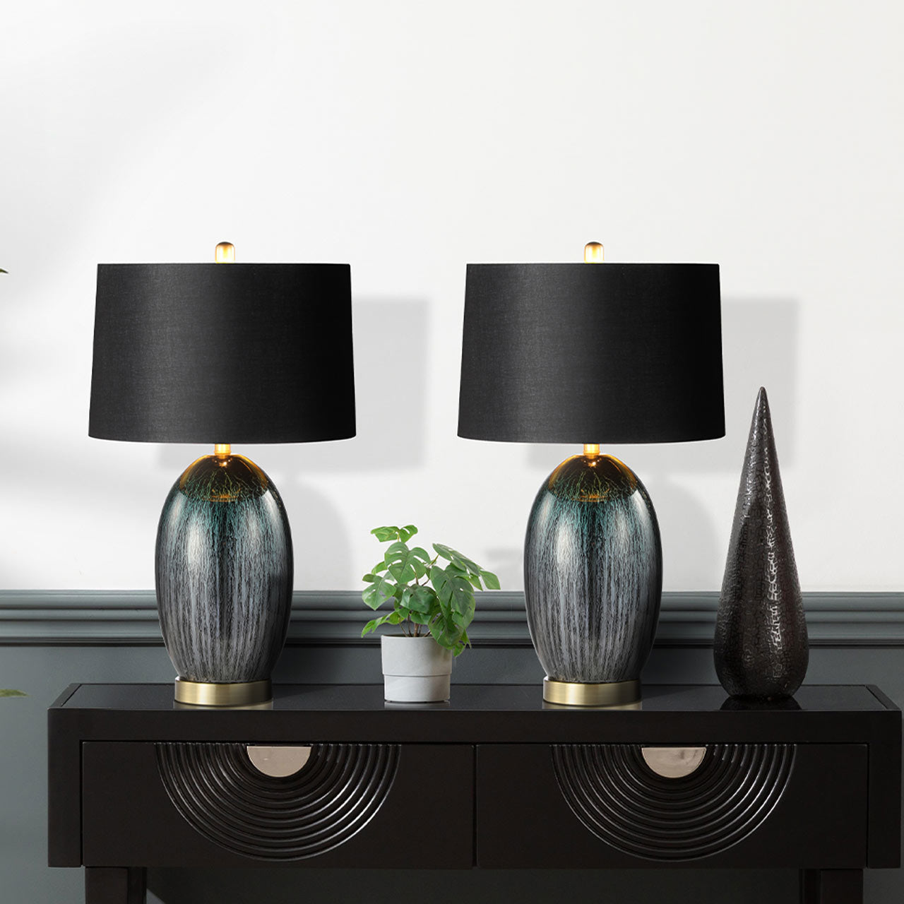 72cm Green Glass Table Lamp with Black Linen Shade Gold Inside - E27 Dual Plug