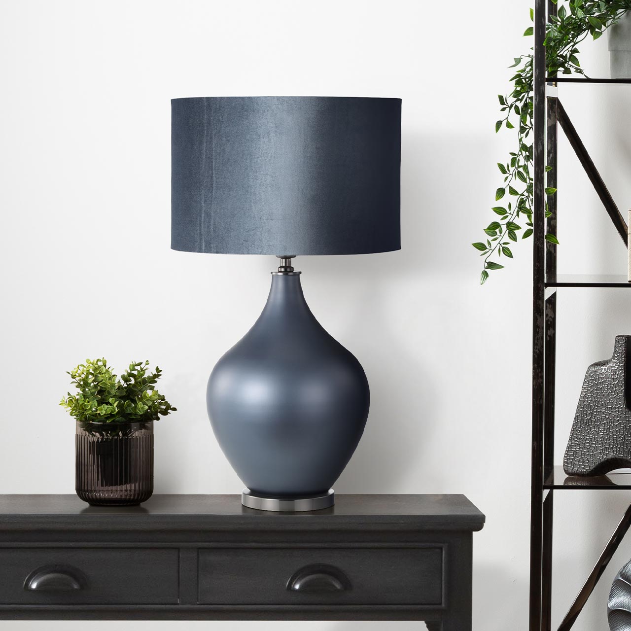 75.5cm Matte Blue Glass Table Lamp with Blue Velvet Shade- Silver Ins- E27 Dual Plug