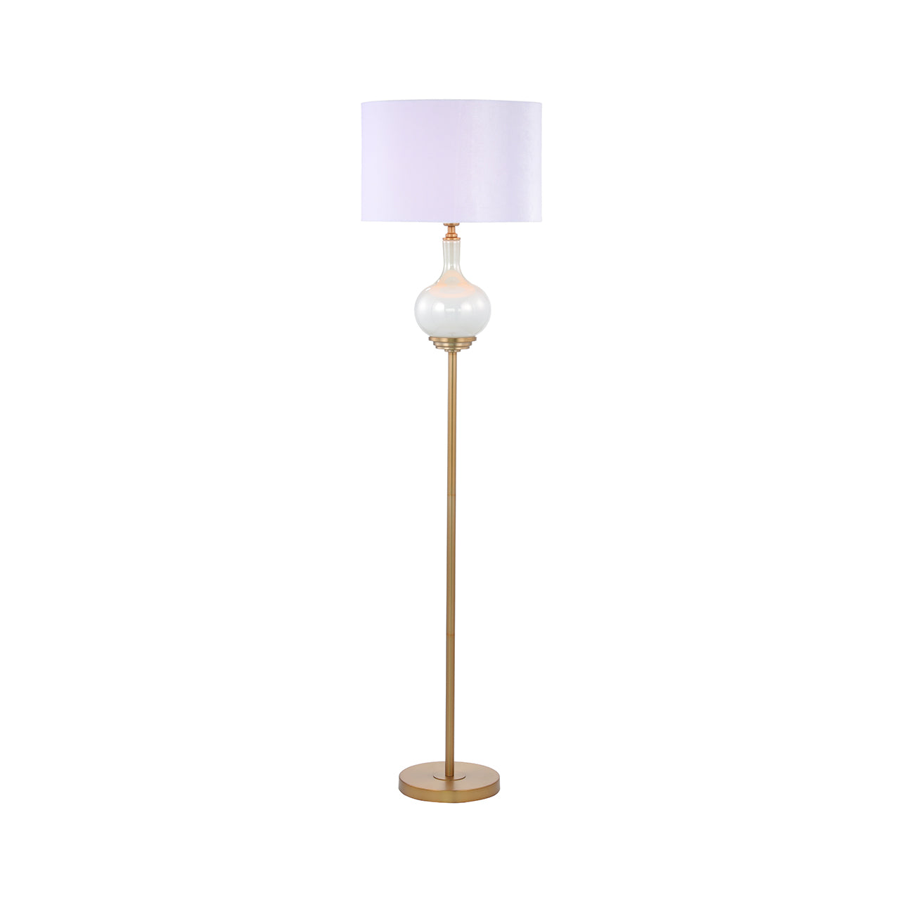 165cm White Pearl Glass Floor Lamp with White Velvet Shade- Gold Ins- E27 Dual Plug