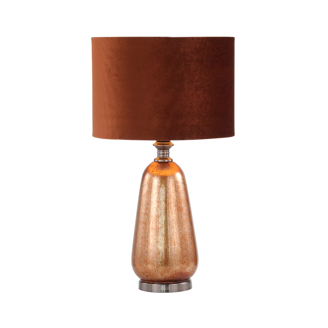 57cm Red Copper Glass Table Lamp with Amber Velvet Shade-Gold Ins- E27 Dual Plug