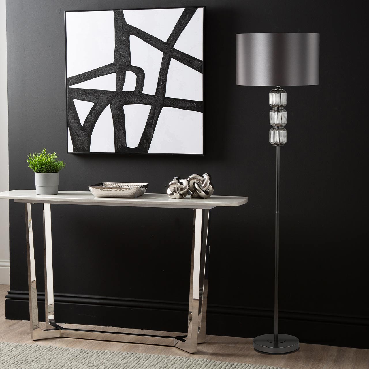 168cm Chrome Pleated Glass Floor Lamp with Silver Satin Shade - Silver Ins E27 Dual Plug