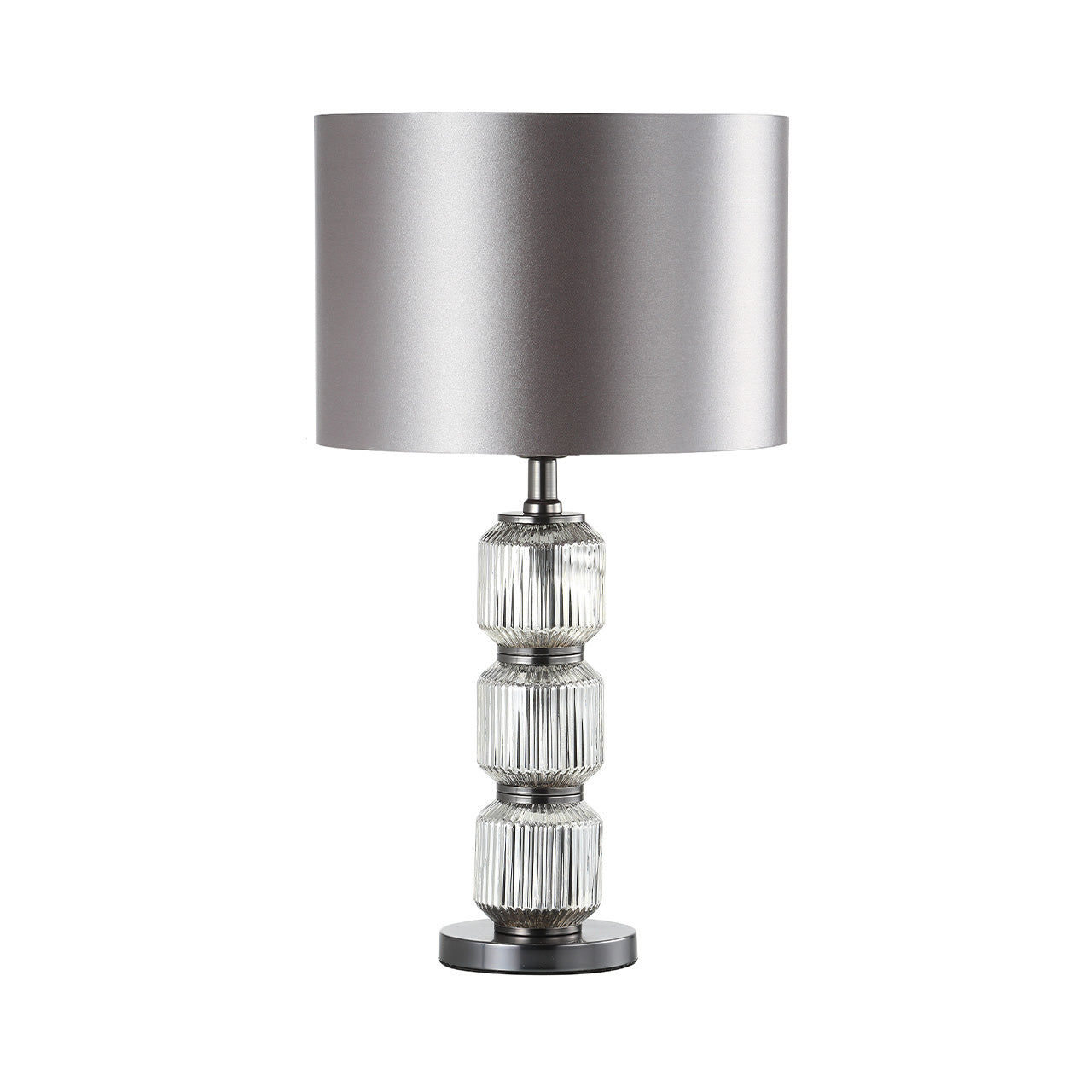 57cm Chrome Pleated Glass Table Lamp with Silver Satin Shade - Silver Ins E27 Dual Plug