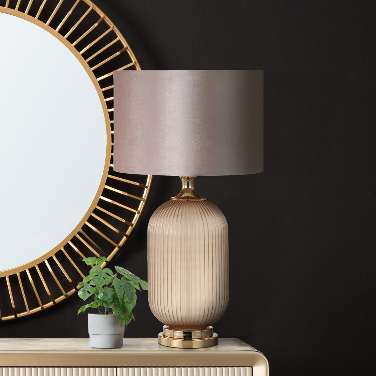 77.5cm Brown Pleated Glass Table Lamp with Champag ne Velvet Shade-Gold Ins- E27 Dual Plug