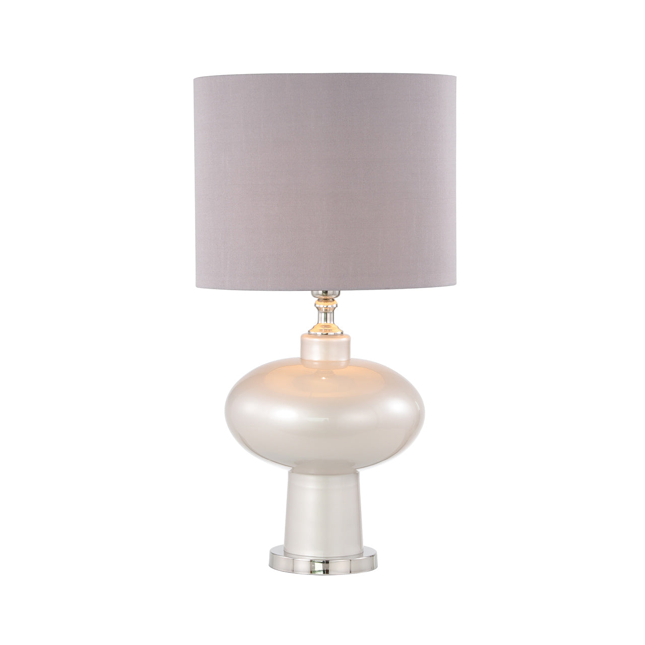 65cm Opal Grey Glass Table Lamp with Grey Faux Silk Shade - Silver Ins- E27 Dual Plug