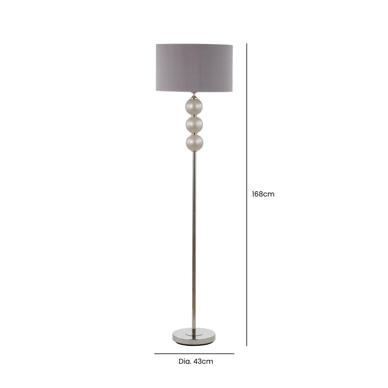 168cm Opal Grey Glass Floor Lamp with Grey Faux Silk Shade - Silver Ins- E27 Dual Plug