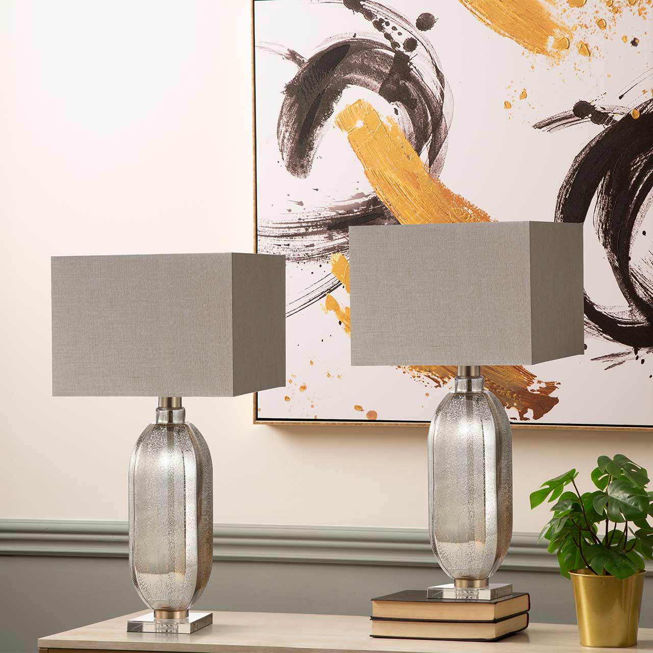 83.8cm Champagne Mercury Glass Table Lamp with with Cream Linen Shade-E27 Dual Plug