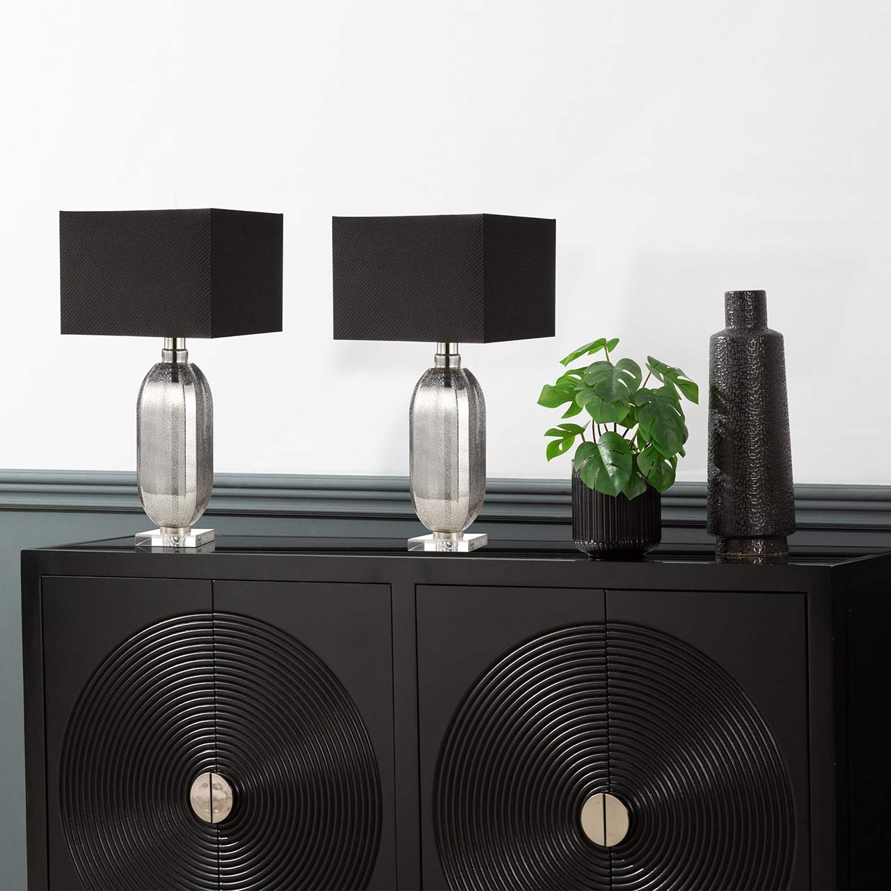 83.8cm Silver Mercury Glass Table Lamp with Dark Grey Linen Shade- Silver Ins- E27 Dual Plug