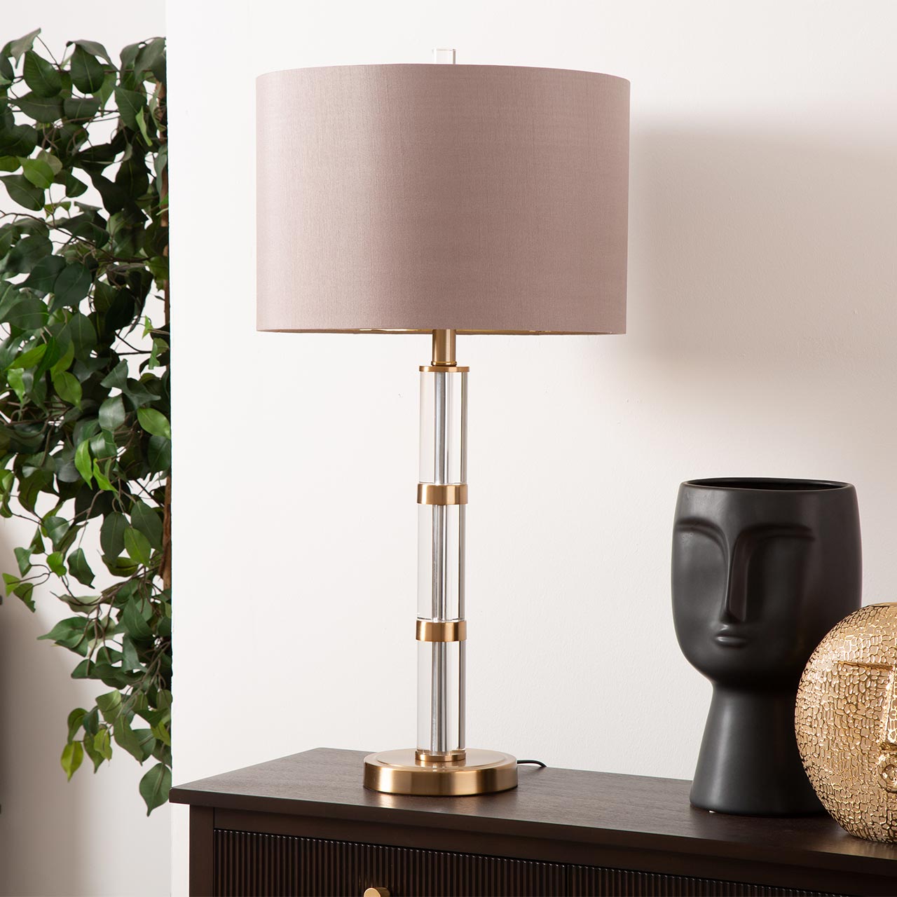 75cm Clear and Champagne Gold Table Lamp with Dark Taupe Faux Silk Shade-Gold Ins-E27 Dual Plug