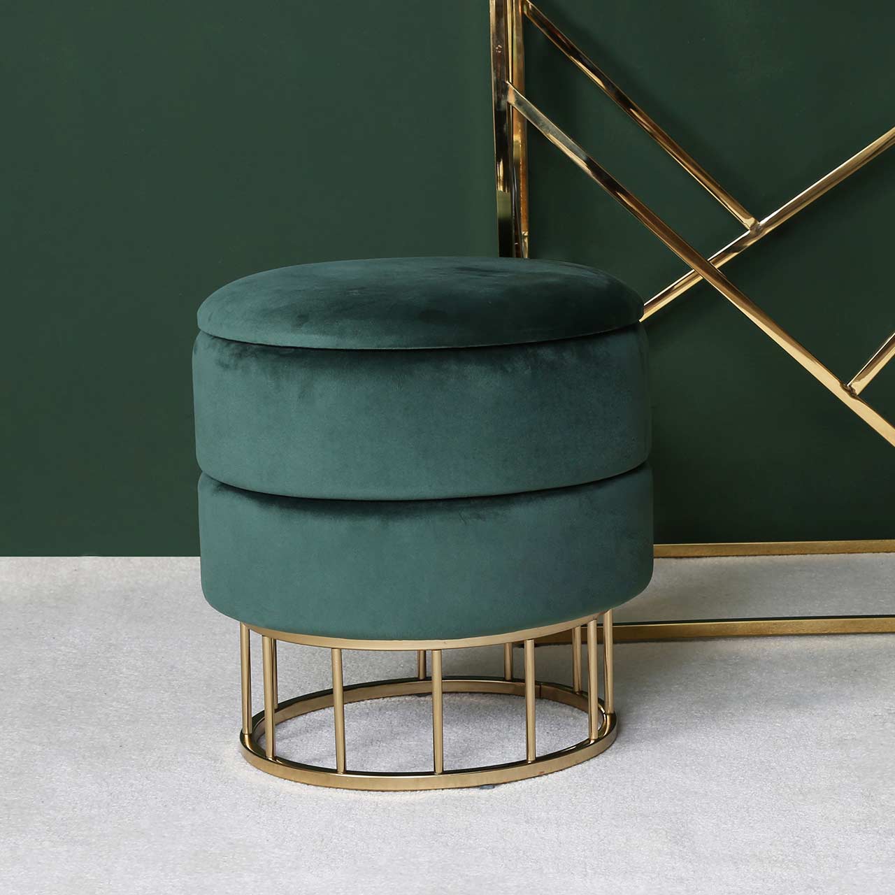 Round Storage Stool Forest Green Gold Base