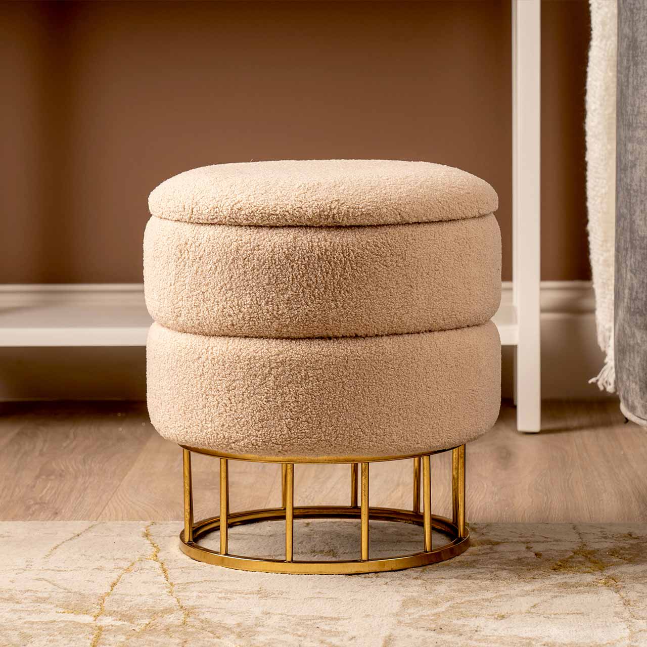 Beige Boucle Round Storage Stool with Gold Legs - KD