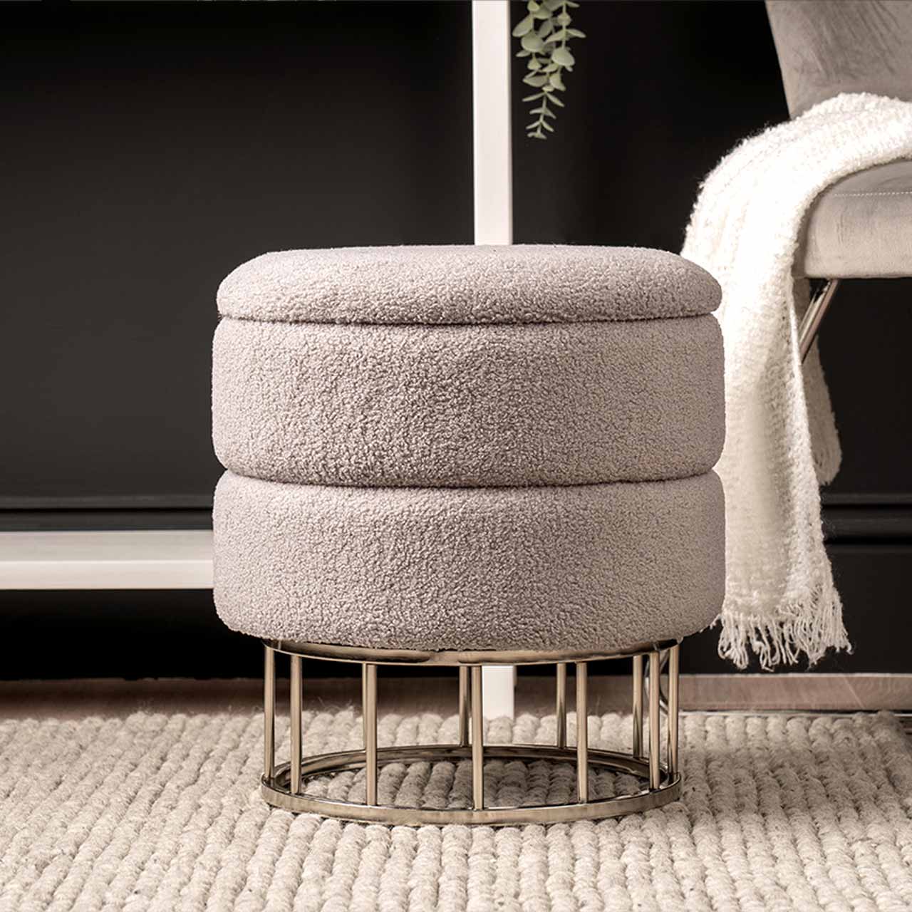 Grey Boucle Round Storage Stool with Chrome Legs - KD