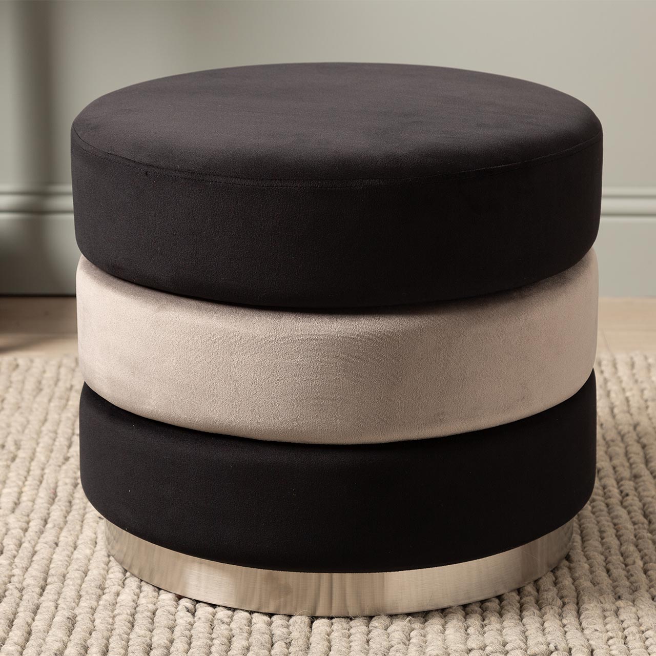 Black and Grey Round Ottoman with Chrome Base