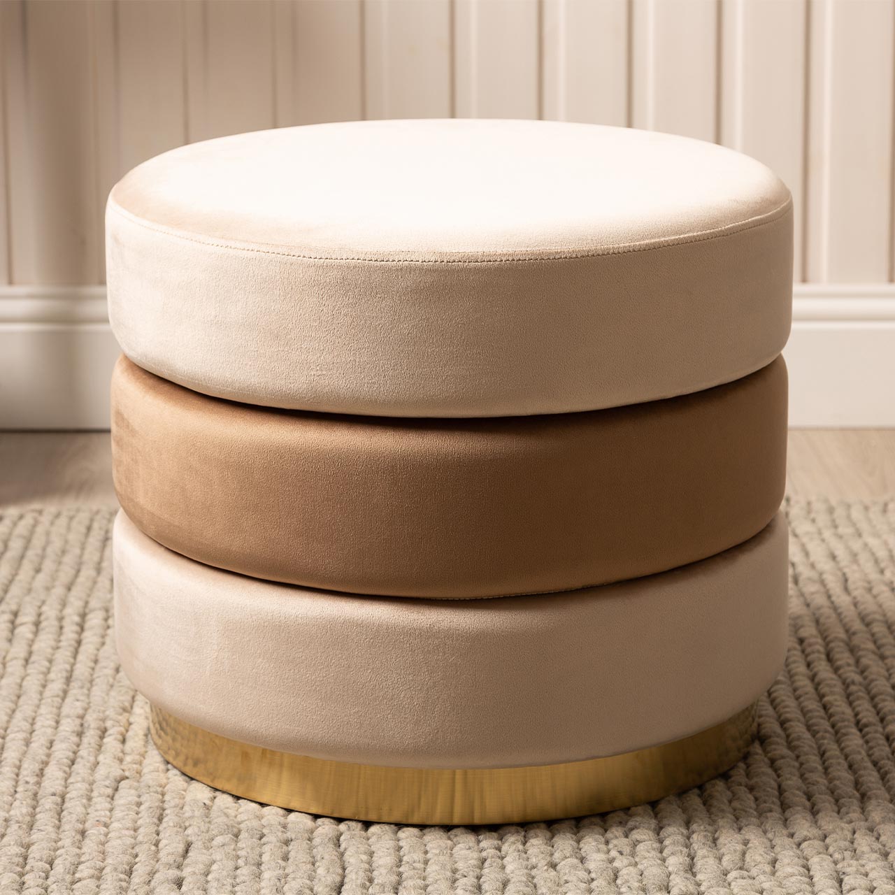 Cream and Dark Cream Round Ottoman with Gold Base